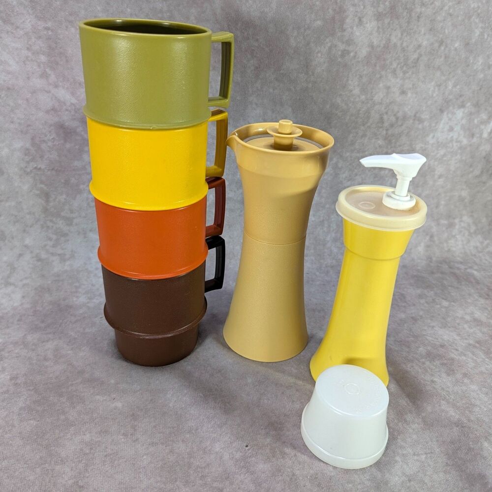 Vintage Tupperware 1970s Harvest Color Mugs Pump Dispenser Cruet